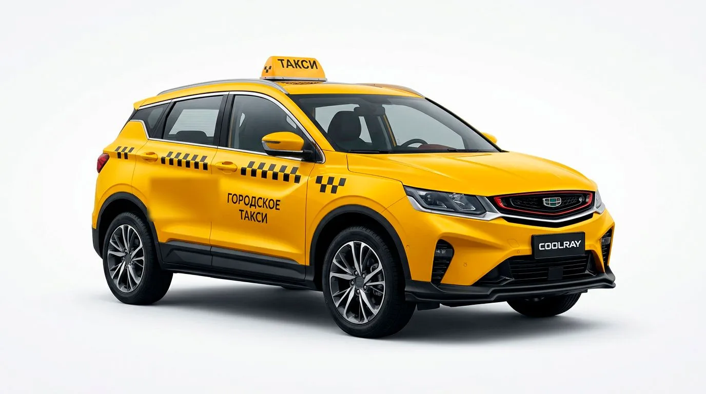 Жёлтый автомобиль такси с шашками на борту